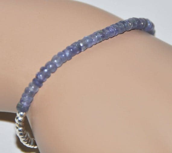 925 sterling silver Anxiety Relief Calming 4mm Blue Tanzanite stacking Bracelet Rondelle, Smooth 18cm for mens, womens, gf, bf and adults.