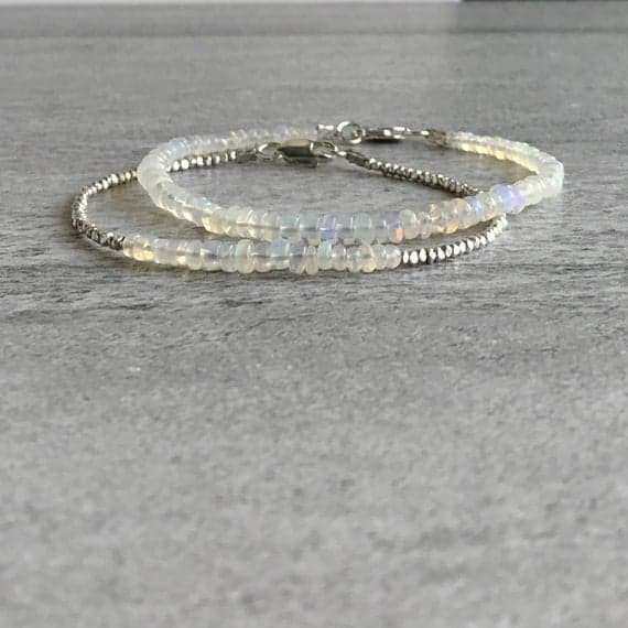 925 sterling silver Handmade Beaded 3-4mm Multi Colour Ethiopian Opal stacking Bracelet Rondelle, Faceted 18cm for mens, womens, gf, bf and adults.