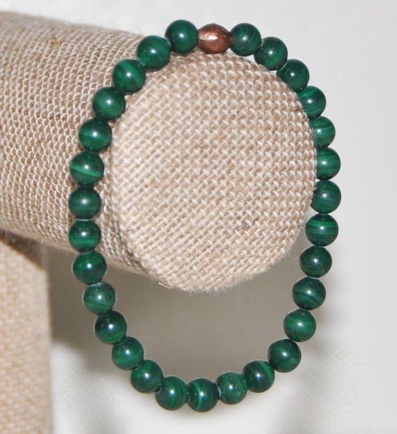 Rose Gold Rock Gift 6mm Green Malachite Stretchable Bracelet Round, Smooth 18cm for mens, womens, gf, bf and adults.
