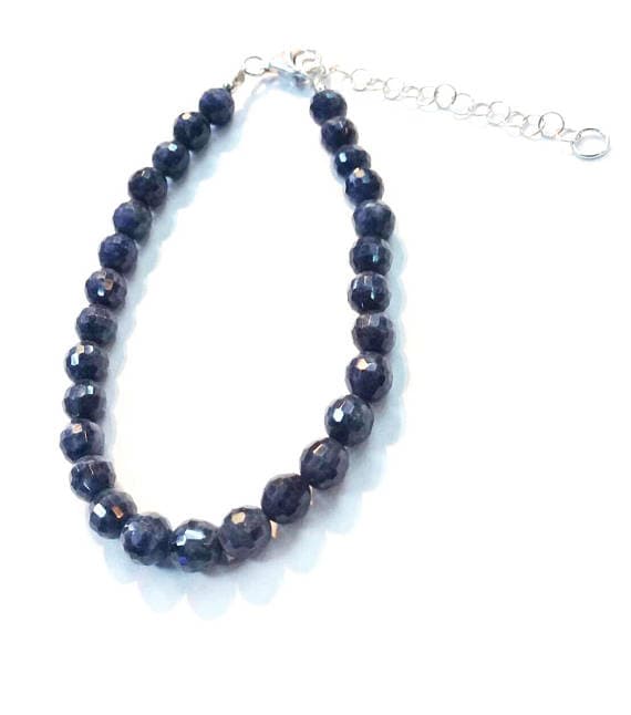925 steling silver Anxiety Gemstone 6mm Stracking blue Blue Sapphire Bracelet Round, Faceted 7" for mens, womens, GF, BF, Adults.