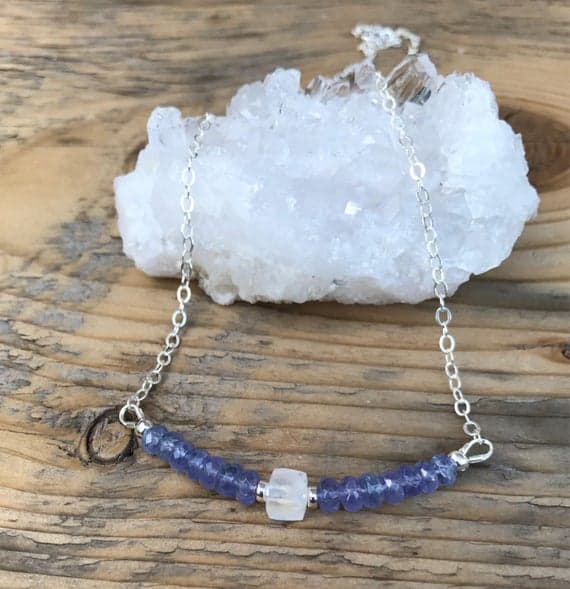 Tanzanite and Moonstone Bar Necklace- Sterling Silver-Energy Healing Gemstones- Boho- December Birthstone 4 - 5 mm Code- WAR6800