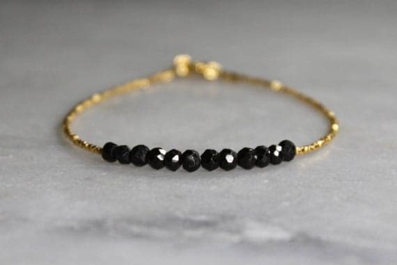 Simple Black Tourmaline Bracelet | Thin Gold and Black Bracelet | Thin Silver and Black Bracelet | Thin Black Tourmaline Beaded Bracelet 3-4mm Code- WAR6051