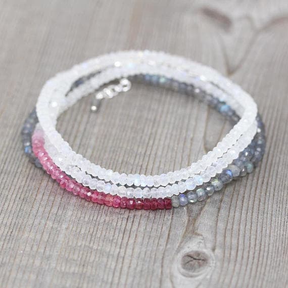 925 sterling Silver Unique Wedding Gift 3.5-4mm stacking Multi Ruby, Labradorite & Rainbow Moonstone  Necklace Rondelle, Faceted 16" for mens, womens, gf, bf & Adult.
