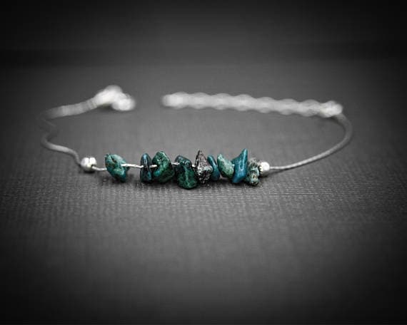 925 sterling Silver Bridesmaid Jewelry 4x6mm stacking Blue Chrysocolla Bracelet Chips, Faceted 7" for mens, womens, gf, bf & Adult.