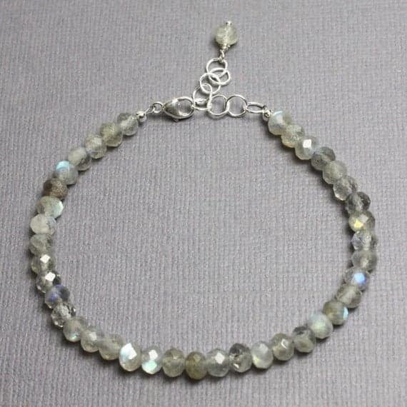925 Steling Silver Anxiety Relief Calming 5 mm Stracking grey Labradorite Bracelet Rondelle, Faceted 7" for mens, womens, GF, BF, Adults.