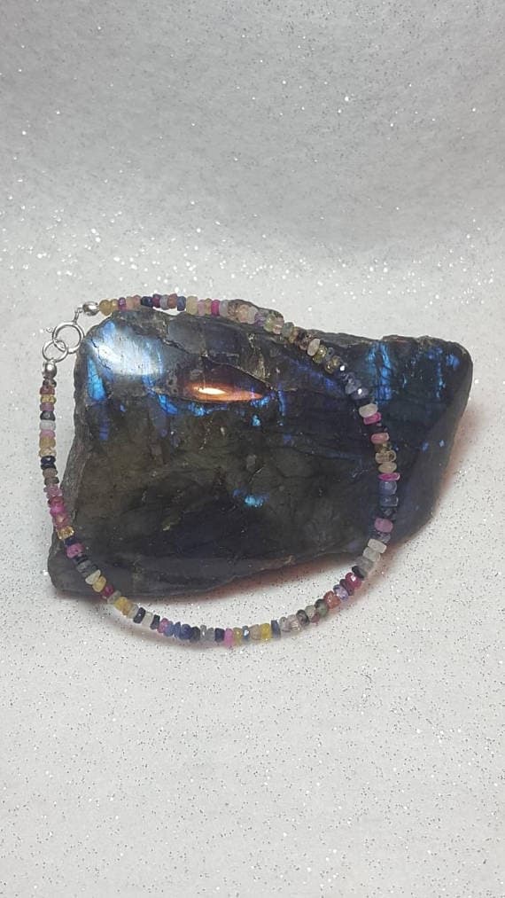 925 sterling Silver love beach youth 3-4mm stacking Multi Sapphire Bracelet Rondelle, Faceted 7" for mens, womens, gf, bf & Adult.