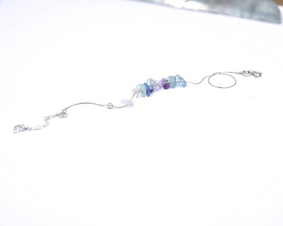 925 sterling Silver memorial gift 4x6mm stacking Multi Rainbow Fluorite  Bracelet Chips, Faceted 7" for mens, womens, gf, bf & Adult.