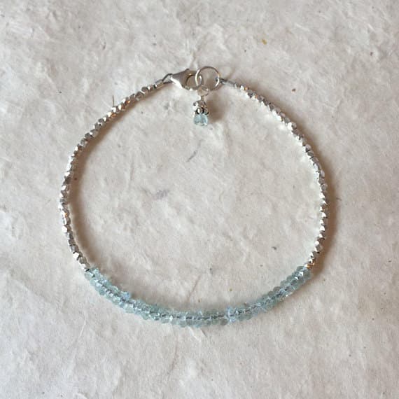 Aquamarine Karen Hill Tribe Thai Silver Beaded Bracelet with Dangle, Sundance Style, March Birthstone, March Birthday, Boho Stack Bracelet 3-4mm Code- WAR6435