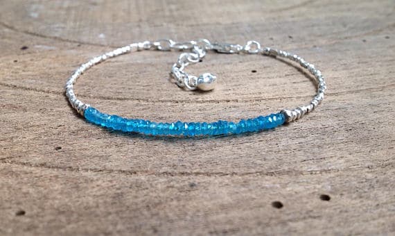 Beaded Bracelet, Neon Blue Apatite, Delicate Gemstone Womens Teen Bracelet, Hill Tribe Silver, Solid Silver, Boho 2.8mm Code- WAR6366
