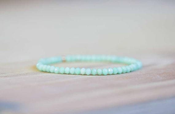 Rose Gold good luck gift 4mm Sky Blue Chrysoprase Stretchable Bracelet Round, Faceted 18cm for mens, womens, gf, bf and adults.