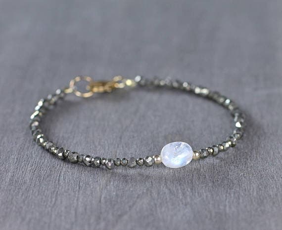 24k gold Blush Jewelry 2.5-3mm White Pyrite & Moonstone stacking Bracelet Oval, Faceted 18cm for mens, womens, gf, bf and adults.