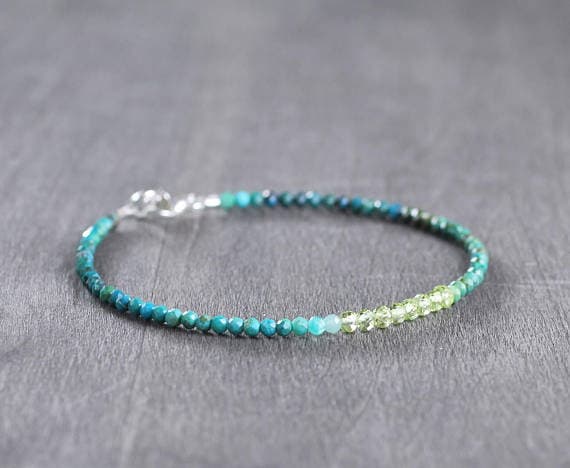 925 sterling silver good luck gift 2.5-3mm Multi Colour Chrysocolla & Peridot  stacking Bracelet Round, Faceted 18cm for mens, womens, gf, bf and adults.