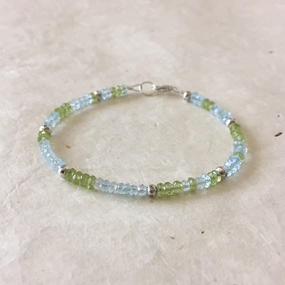 Peridot Sky Blue Topaz Hill Tribe Thai Silver Beaded Bracelet, Sundance Style, August Birthstone, Dainty Bracelet, Layering Bracelet 4-5mm Code- WAR6461
