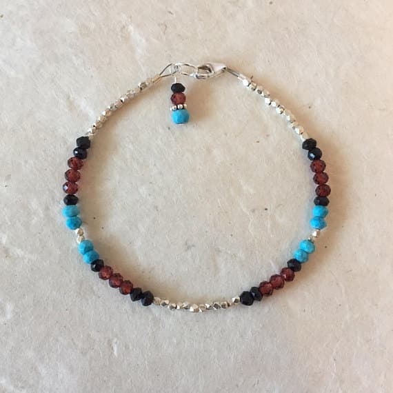Black Spinel Turquoise Garnet Hill Tribe Thai Silver Beaded Bracelet, Sundance Style, Boho Chic, Layering Bracelet, Dainty Bracelet 3-5mm Code- WAR6460
