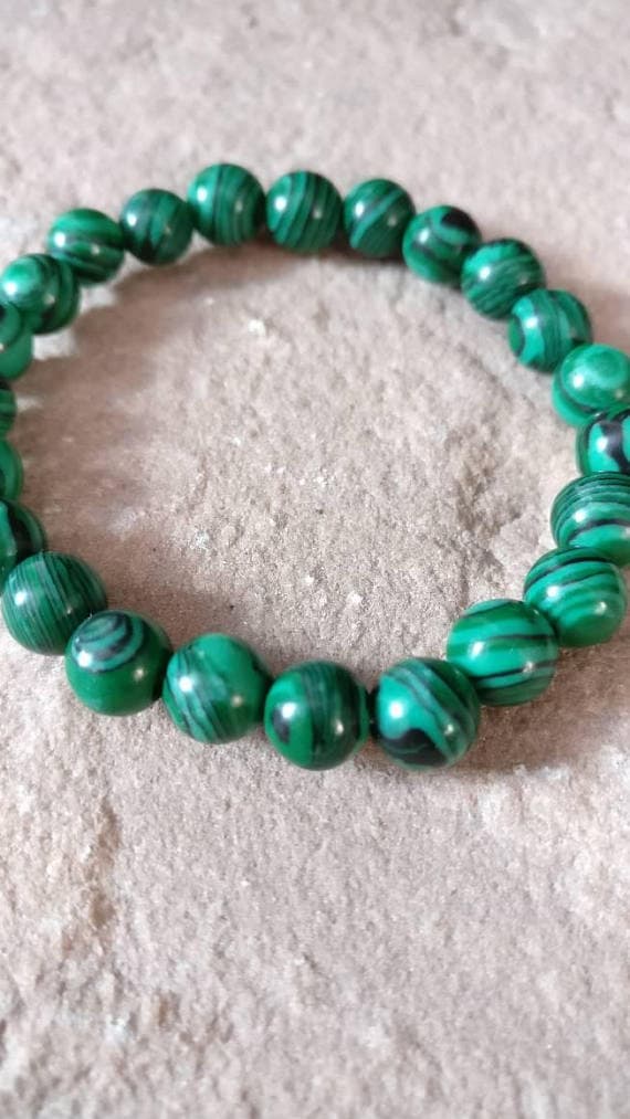 Unique Wedding Gift 6mm Green Malachite Stretchable Bracelet Round, Smooth 18cm for mens, womens, gf, bf and adults.