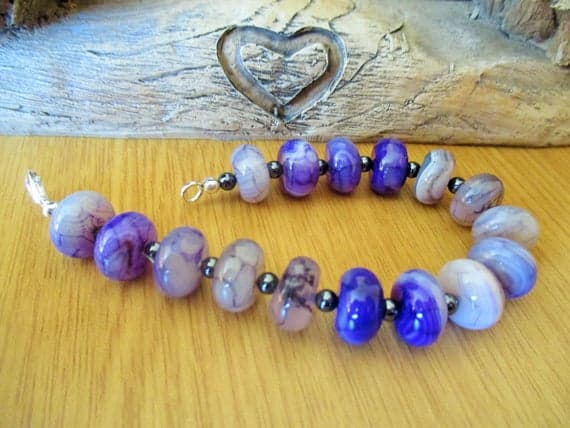 925 sterling silver Galaxy Jewelry 12mm Multi Colour Purple Agate & Hematite stacking Bracelet Rondelle, Smooth 18cm for mens, womens, gf, bf and adults.