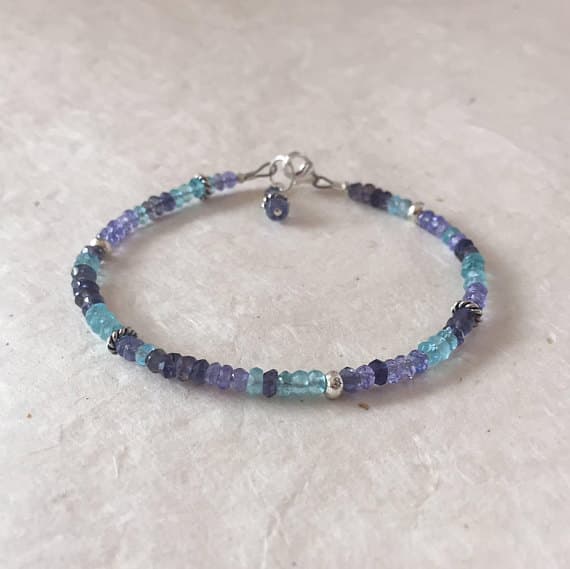 Apatite Tanzanite Iolite Karen Hill Tribe Thai Silver Beaded Bracelet, Sundance Style, Boho Chic, Dainty Bracelet, Layering Bracelet 3-4mm Code- WAR6456