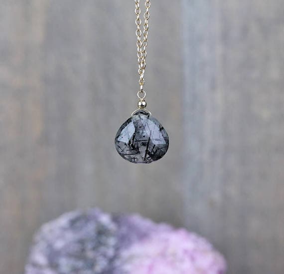 925 sterling silver Anniversary Gift 13-15mm black Black Rutile Quartz  stacking Necklace Heart, Faceted 17 Inch for mens, womens, gf, bf and adults.