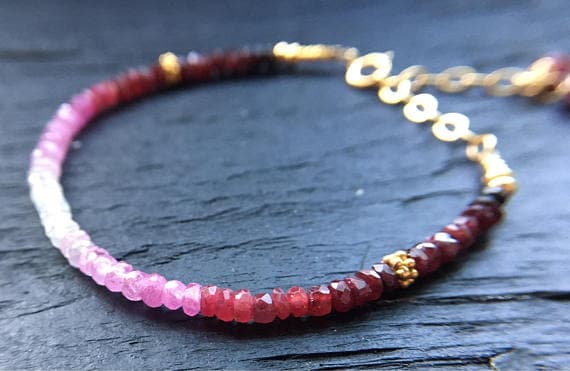 24k gold Plated Handmade Beaded 2.5-3mm stacking Multi Gradient Ruby Sapphire Bracelet Rondelle, Faceted 7" for mens, womens, gf, bf & Adult.