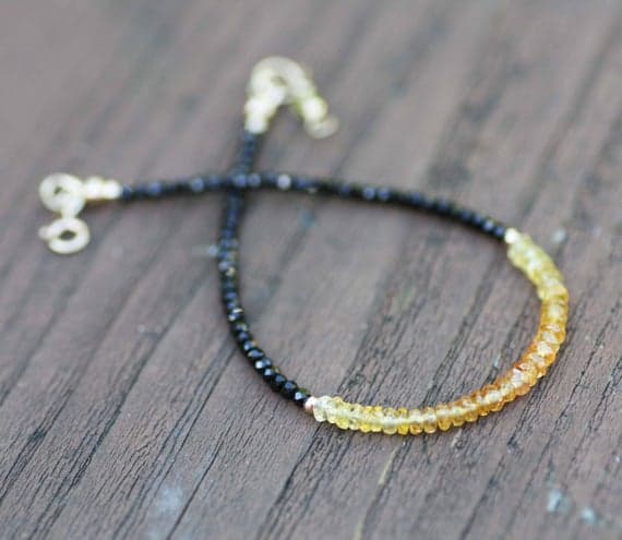 24k gold Plated good luck gift Gold Helling 2-3mm stacking Black & Yellow Natural Padparadscha Orange Sapphire and Black Spinel  Bracelet Rondelle, Faceted 7" for mens, womens, gf, bf & Adult.