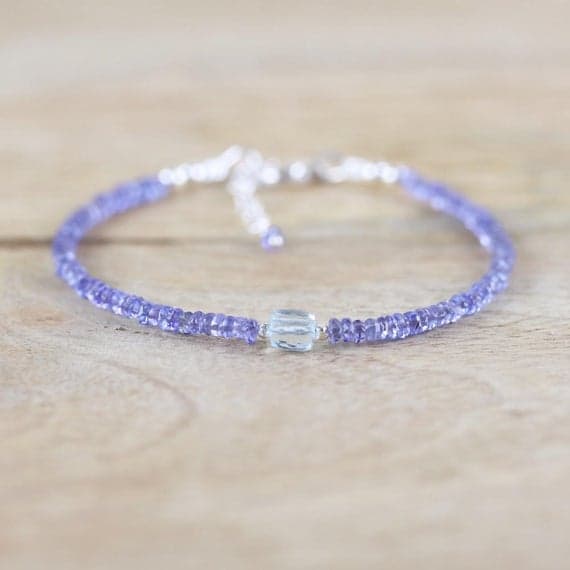 925 sterling Silver Empath Protection 4.5mm stacking Blue Tanzanite & Sky Blue Topaz Bracelet Rondelle, Faceted 7" for mens, womens, gf, bf & Adult.