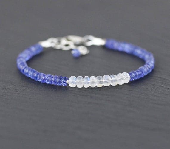 925 sterling Silver Anxiety Relief Calming Silver Helling 3.5mm stacking Blue & White Rainbow Moonstone & Tanzanite  Bracelet Rondelle, Faceted & Smooth 7" for mens, womens, gf, bf & Adult.