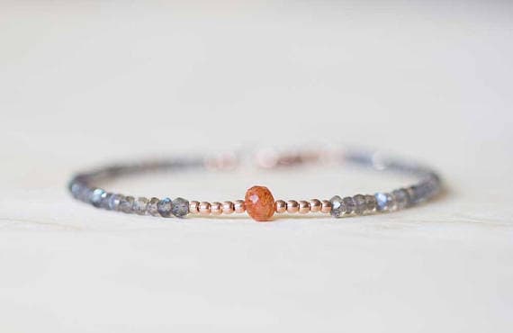 24k gold Unique Wedding Gift 3mm Multi Colour Labradorite & Sunstone stacking Bracelet Rondelle , Faceted 18cm for mens, womens, gf, bf and adults.