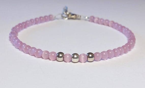 925 sterling silver Grounding 4mm Pink Cat's Eye Stretchable Bracelet Round, Smooth 18cm for mens, womens, gf, bf and adults.