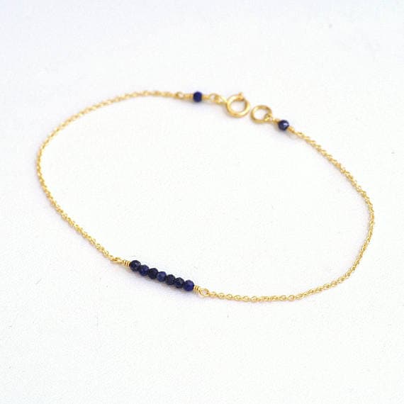 24k gold Plated Artisan Loose 2mm stacking Blue Blue Sapphire Bracelet Round, Faceted 7" for mens, womens, gf, bf & Adult.