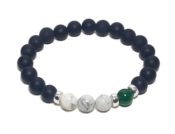 chakras simple silver helling 8mm Stretchable Multi Howlite, Green & Black Onyx Bracelet Round, Smooth 7" for mens, womens, GF, BF, Adults.