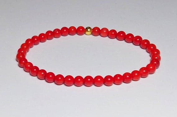Rose Gold Personalized Gift 4mm Red RED CORAL  Stretchable Bracelet Round, Smooth 18cm for mens, womens, gf, bf and adults.