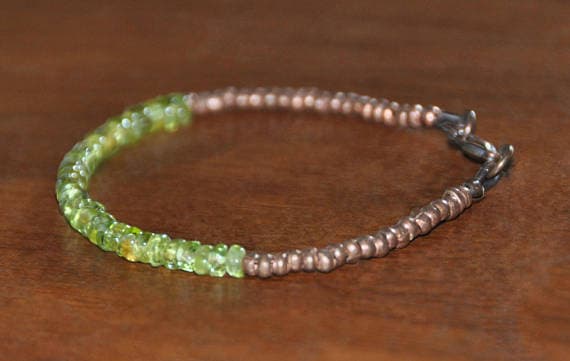 24k gold Anniversary Gift 3-4mm Green Natural Peridot  stacking Bracelet Rondelle, Smooth 18cm for mens, womens, gf, bf and adults.