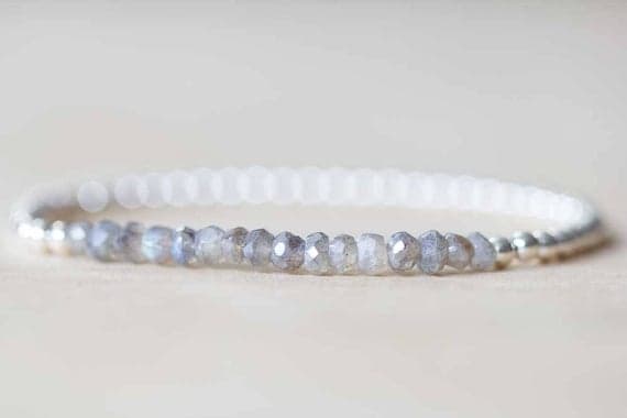 925 sterling silver Anniversary Gift 3.5MM Gray Mystic Labradorite Stretchable Bracelet Rondelle, Faceted 18cm for mens, womens, gf, bf and adults.