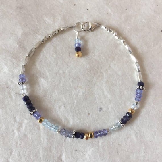 Tanzanite Blue Sapphire Iolite Aquamarine Sky Blue Topaz Karen Hill Tribe Thai Silver and Gold Vermeil Beaded Bracelet, Sundance Style 3-4mm Code- WAR6477