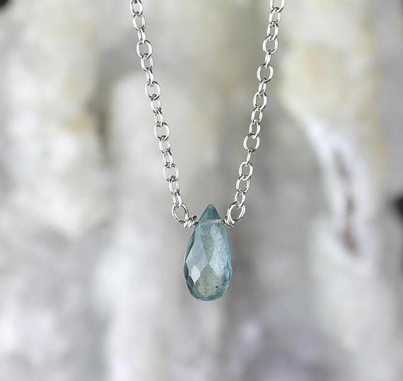 925 sterling silver Positive Energy 7-9mm Aqua Moss Aquamarine stacking Necklace Pear, Faceted 17 Inch for mens, womens, gf, bf and adults.