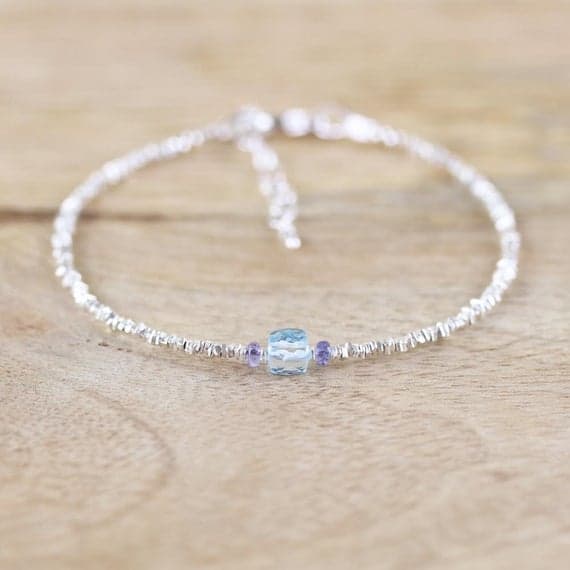 925 sterling Silver Empath Protection 2.5mm stacking Sky Blue Sky Blue Topaz, Tanzanite  Bracelet Rondelle, Faceted 7" for mens, womens, gf, bf & Adult.