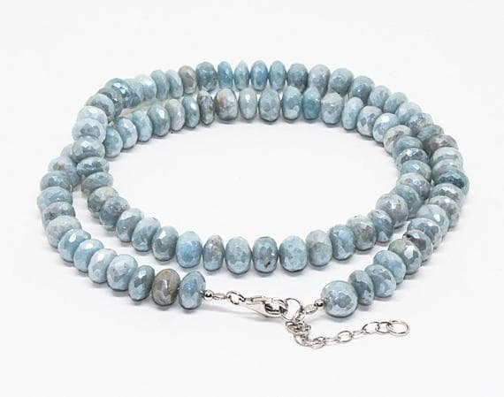 silver coated aquamarien beaded necklace rondelle faceted 18'' long strand gemstone beads, jewelry supplies for jewelry making,  for meditation jewellery for Reiki Healing  gemstone 8mm