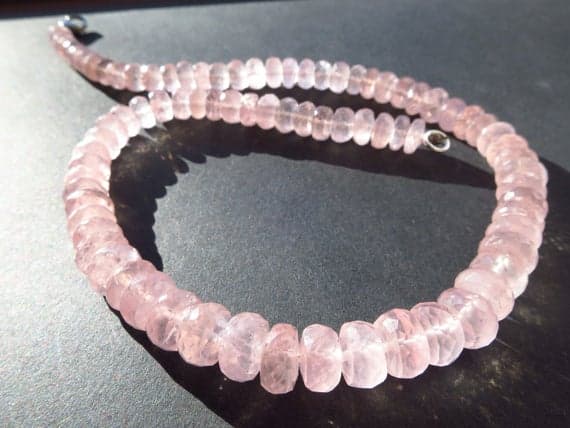 925 sterling Silver Natural 9mm stacking Pink Rose quartz  Necklace Rondelle, Faceted 17" for mens, womens.