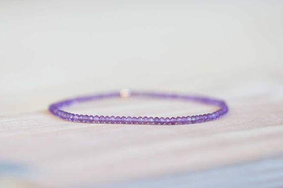 Rose Gold Handmade Beaded 2-2.5mm Purple Amethyst Stretchable Bracelet Round, Faceted 18cm for mens, womens, gf, bf and adults.