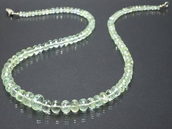 925 sterling Silver Artisan Loose 4-10mm stacking Green Green Beryl Necklace Rondelle, Faceted 17" for mens, womens.