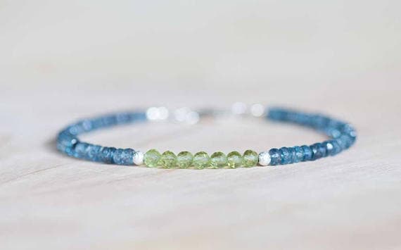 925 sterling silver Artisan Loose 3.5-4mm Multi Colour Peridot & Teal Kyanite stacking Bracelet Rondelle , Faceted 18cm for mens, womens, gf, bf and adults.