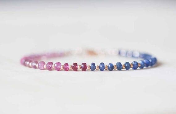 24k gold Anxiety Gemstone 3.5-4mm Multi Colour Blue & Pink Sapphire stacking Bracelet Rondelle, Faceted 18cm for mens, womens, gf, bf and adults.