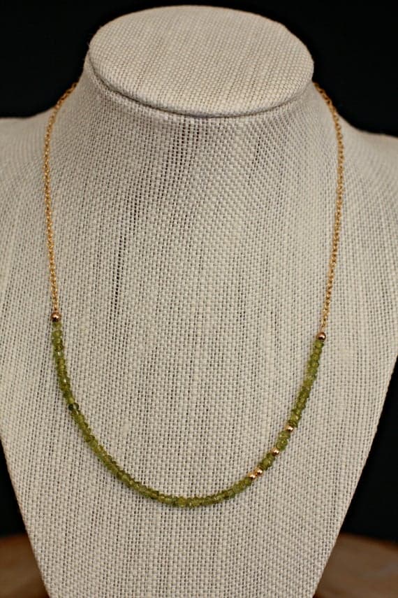 24k gold Plated Grounding Gold Helling  3-4mm stacking Green Peridot Necklace Rondelle, Faceted 16" for mens, womens, gf, bf & Adult.