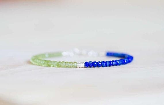 925 sterling silver Unique Wedding Gift 3.5-4mm Multi Colour Lapis & Peridot  stacking Bracelet Rondelle, Faceted 18cm for mens, womens, gf, bf and adults.