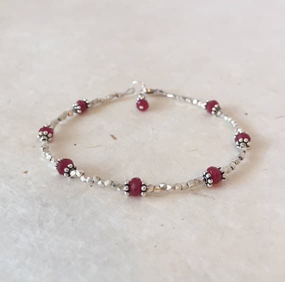Ruby Karen Hill Tribe Thai Silver Beaded Bracelet with Dangle, Sundance Style, July Birthstone, July Birthday, Layering Bracelet, Boho Chic 2-4mm Code- WAR6397
