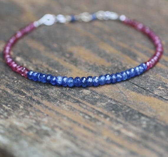 925 sterling Silver memorial gift 2-4mm stacking Blue & Pink Sapphire and Raspberry Red Spinel Bracelet Rondelle, Faceted 7" for mens, womens, gf, bf & Adult.