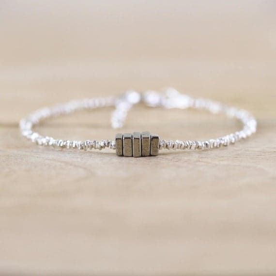 925 sterling Silver Anniversary Gift 4mm stacking Black Pyrite Bracelet Square, Faceted 7" for mens, womens, gf, bf & Adult.