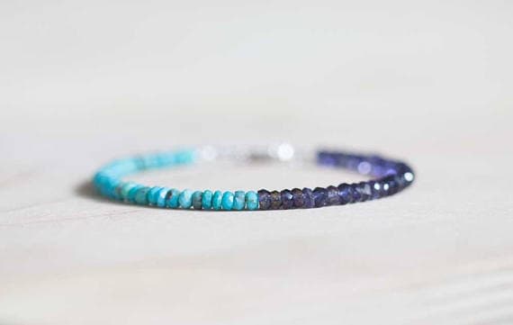 925 sterling silver Anniversary Gift 4mm Multi Colour Turquoise & Iolite  stacking Bracelet Rondelle , Faceted 18cm for mens, womens, gf, bf and adults.