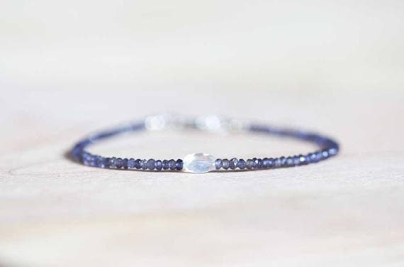 925 sterling silver love beach youth 2-2.5mm Multi Colour Iolite & Rainbow Moonstone stacking Bracelet Round, Faceted 18cm for mens, womens, gf, bf and adults.