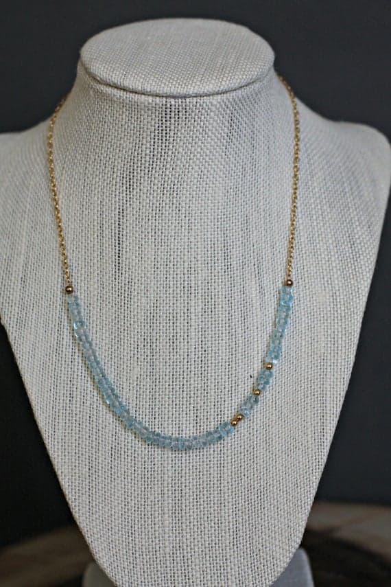 24k gold Plated Natural Gold Helling 3-4mm stacking Blue Blue Topaz  Necklace Rondelle, Smooth 16" for mens, womens, gf, bf & Adult.